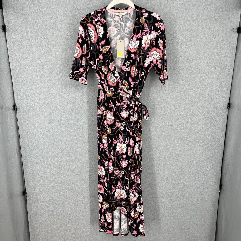 Boden Black Floral Wrap Midi Dress with Pink & White Blooms